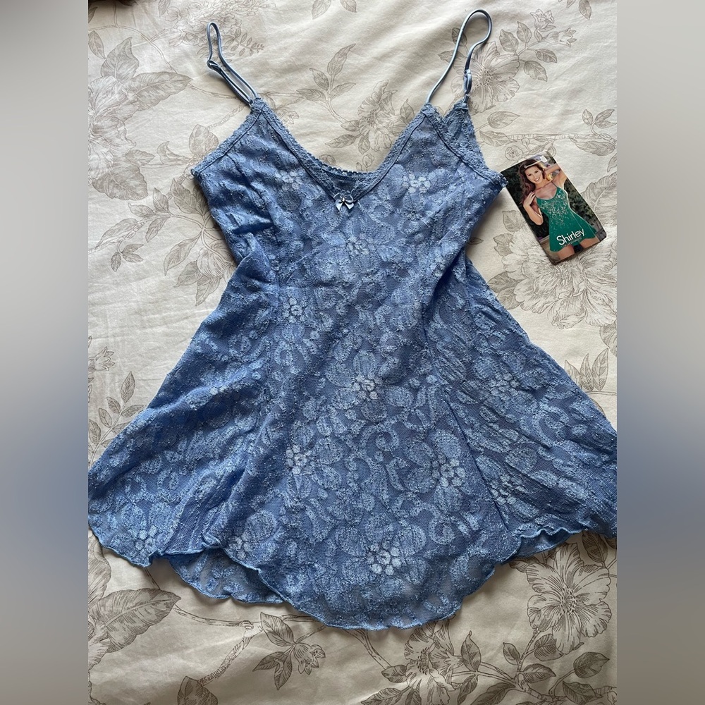 NWT Vintage‎ Cornflower Blue Lace Sheer Mini Slip Dress Medium Coquette Ethereal